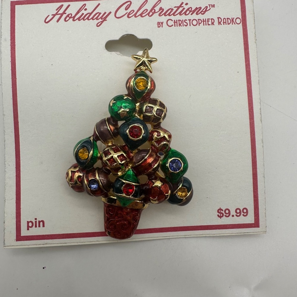 Christopher Radko Pin Red‎ Green Blue Christmas Tree Ornaments Signed Brooch